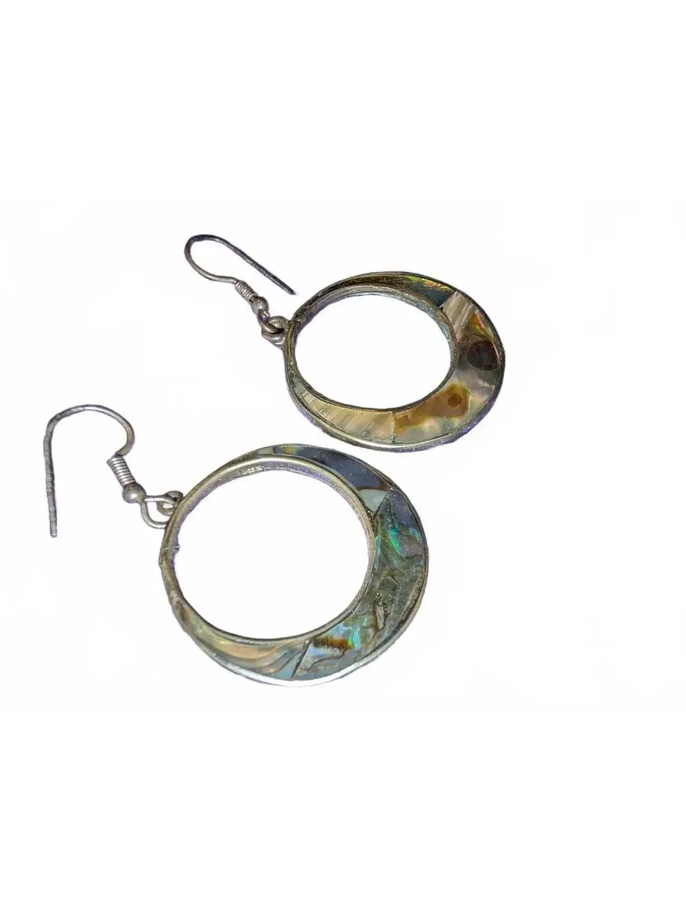 Vintage Alpaca Mexico Abalone Shell Hoop Earrings with Silver Tone Metal